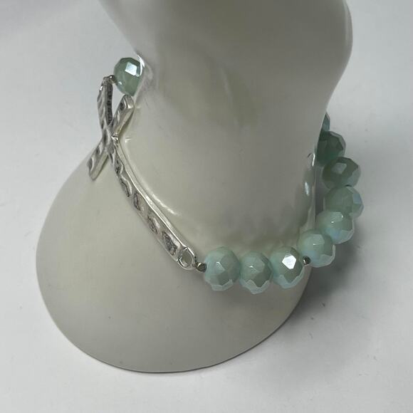 Set of two bracelets black and mint green blue stretch cross silver tone jewelry - Picture 12 of 15